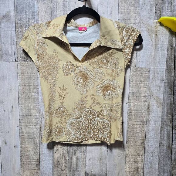 Vintage Tops - Wise Vintage Y2K Tan Floral Graphic Crop Top Small Boho Preppy Summer